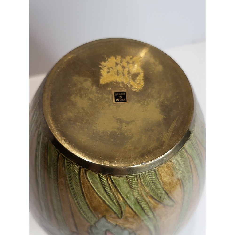 Vintage Brass Floral Vase Hand Painted Enamel Etched Made in India Boho Decor - Picture 7 of 10